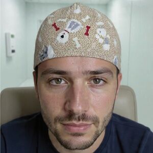 Beige Scrub Cap with White Dog Pattern